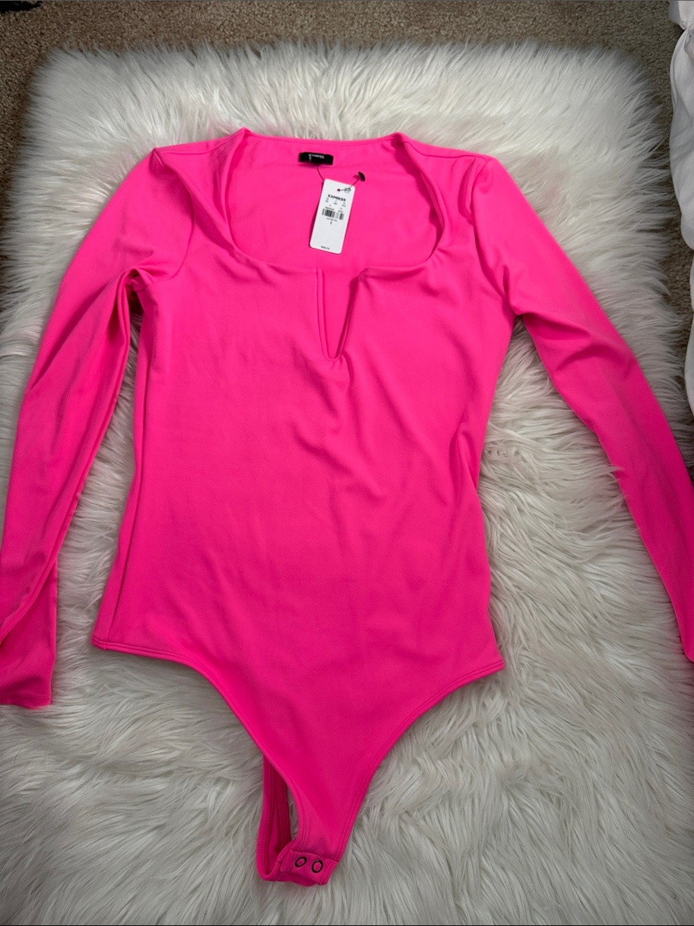 Express Hot Pink Long Sleeve Scoop Neck Bodysuit